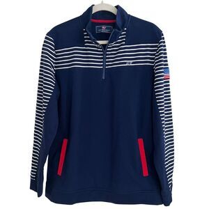 Vineyard Vines Quarter Zip Shep Shirt Pullover Navy Stripe Patriotic Flag Large